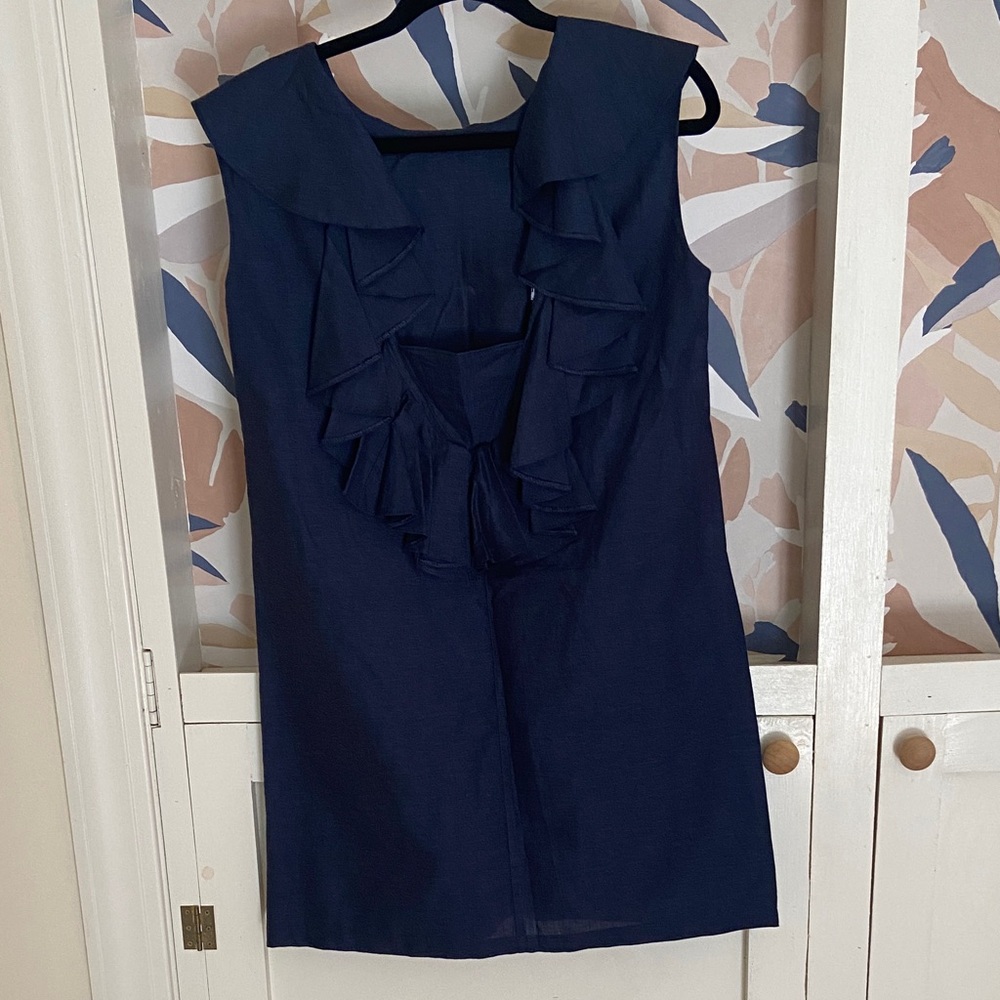 Navy Blue Ruffle Shift Dress with Pockets! - Picture 3 of 11